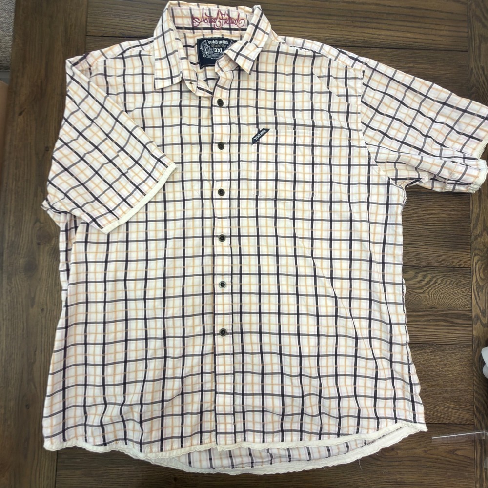 Ecko‎ Unltd Men's 3XL Plaid Shirt Button Up Actual Factual Graphic Streetwear